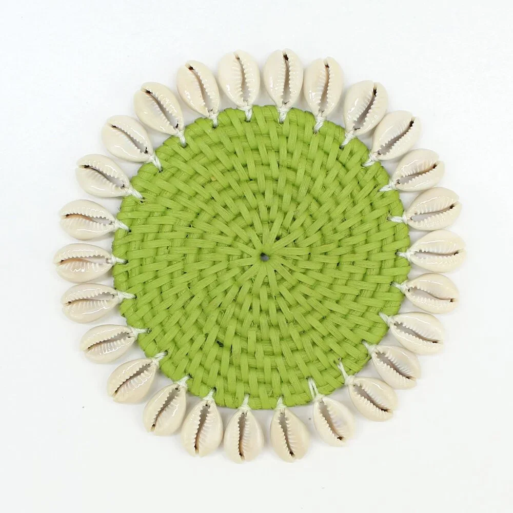 NEW Set of 4-Premium Coasters-Seashell-Trimmed Rattan-Lime Green-Eco Handcraft